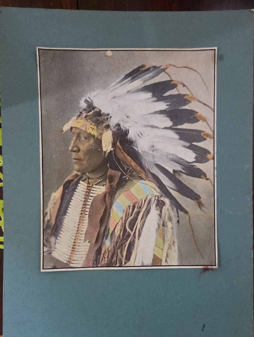 Vintage Native American Portrait Print with Feather Headdress - Blue Background